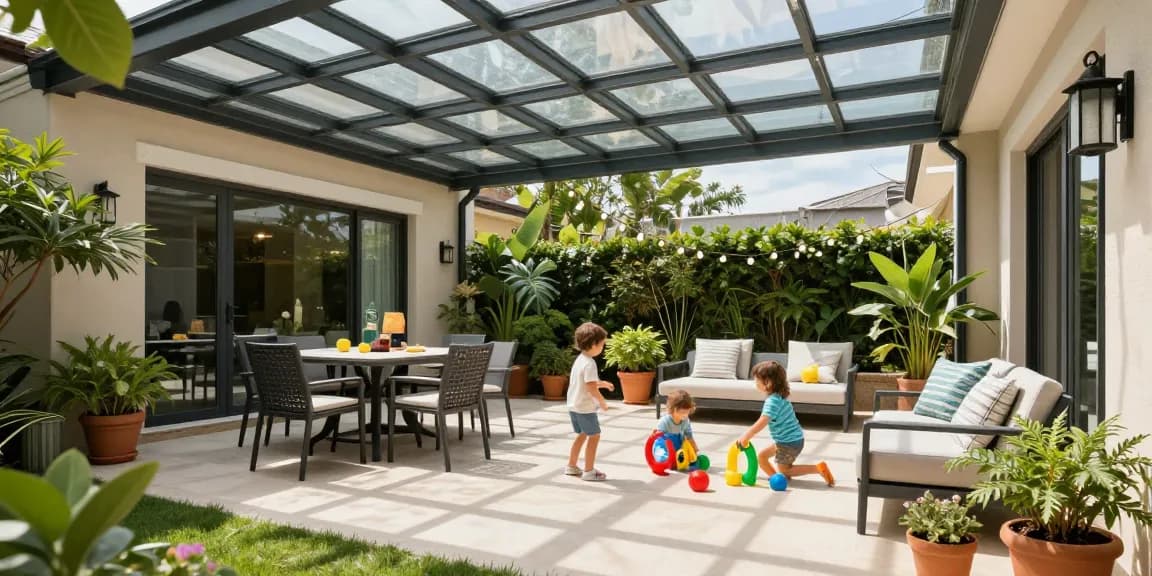 Freistehende Terrassenüberdachung mit gemütlicher Familienatmosphäre im Garten.