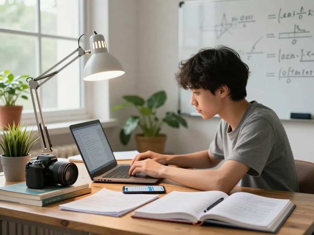 Student, der Technologie nutzt, um in einer hellen Lernumgebung mit Büchern und Notizen Hausaufgaben zu lösen.