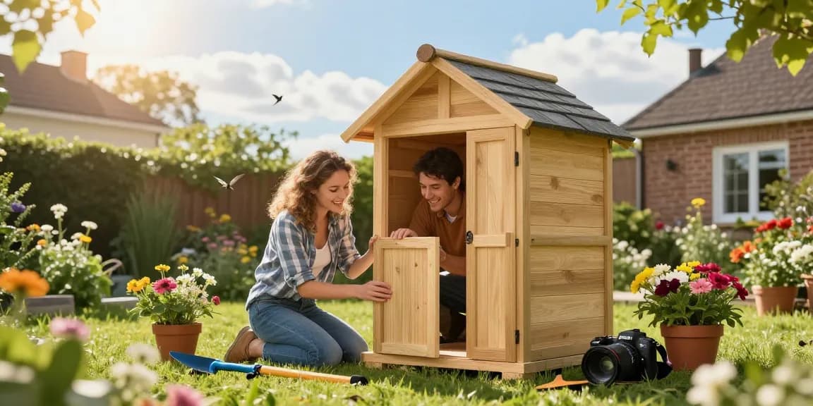 Harmonisches Gartenhaus-Projekt im Freien mit glücklichem Paar und Gartenwerkzeugen.