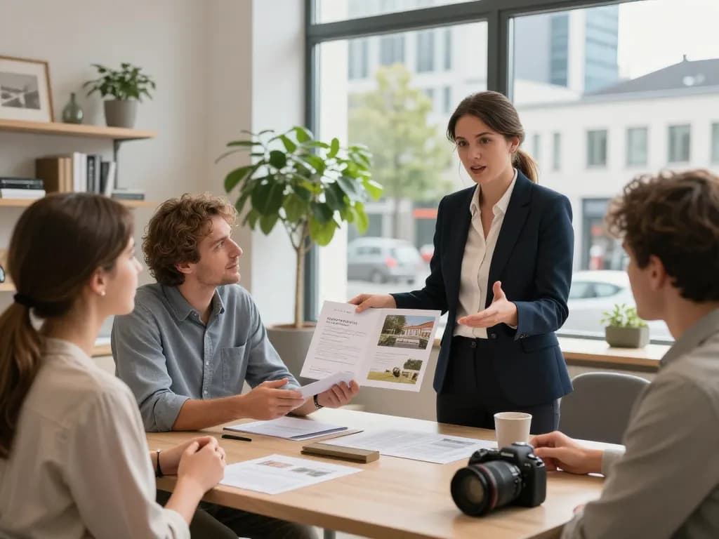 Immobilienmakler präsentiert einer Familie in Frankfurt Eckenheim Immobilien und demonstriert Professionalität und Engagement in einem einladenden Büro.