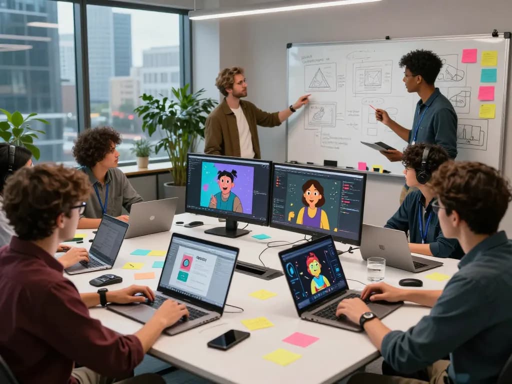 Kling AI 2.11 animation studio with creative team collaborating on innovative video projects in a vibrant workspace.