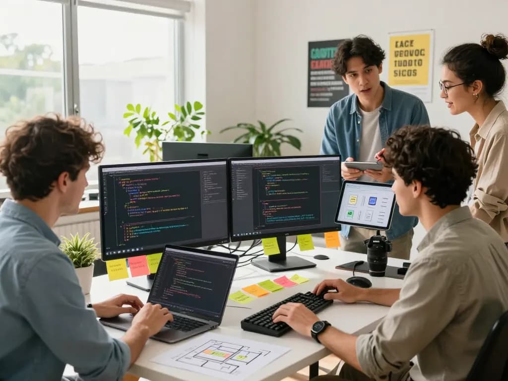 Collaborative team of developers at thscrore.app coding in a modern workspace.