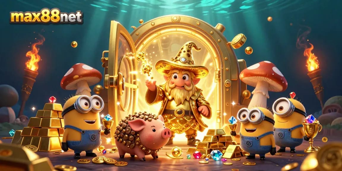 Experience thrilling wins at max88net with a vibrant 3D illustration capturing the magic of treasure and fun.