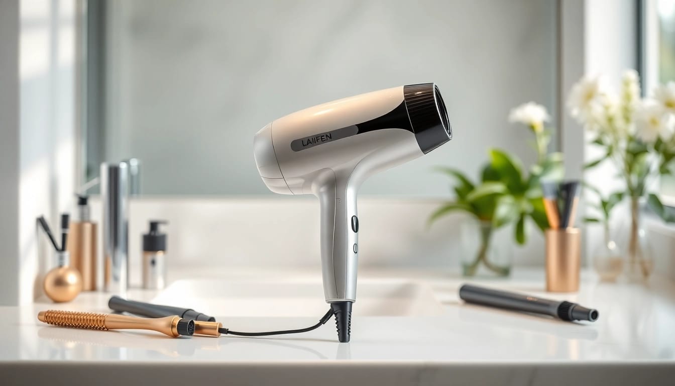 Laifen Swift Haartrockner auf einem eleganten Badezimmerregal, umgeben von Styling-Werkzeugen.