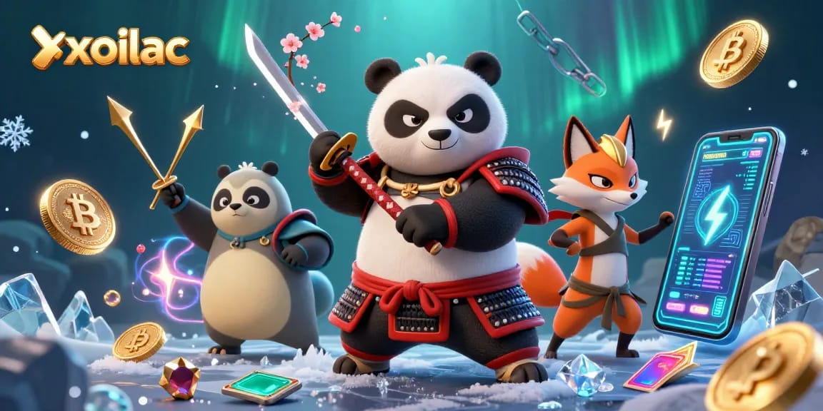 Engage with xoilac casino dynamics featuring a samurai panda and ninja fox amidst crypto symbols.