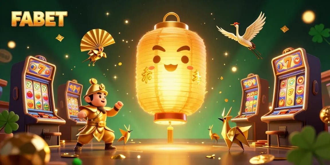 Win big with FABET at the colorful slots scene featuring golden lantern spirit and lucky symbols.