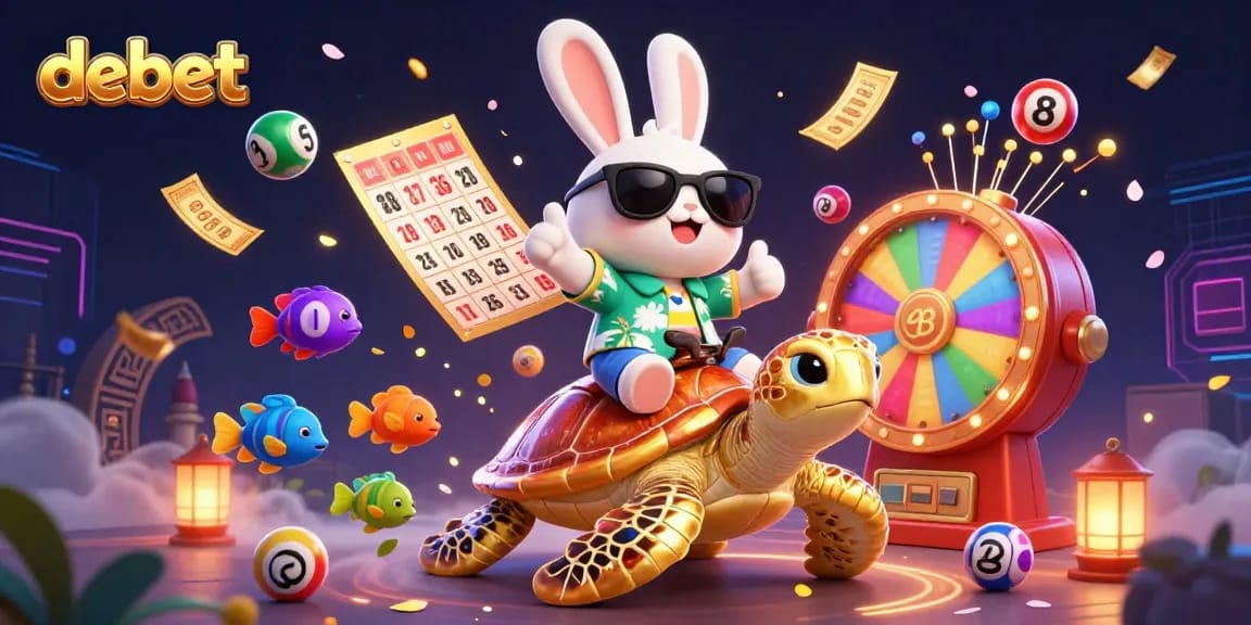 Join the excitement with debet's colorful lottery scene featuring a lucky rabbit and golden sea turtle.