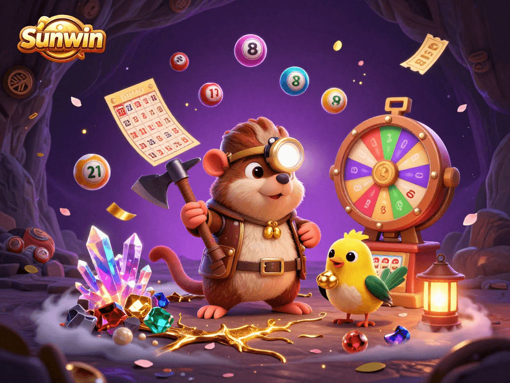 Win big with sunwin's dynamic 3D illustration of a treasure hunter and lottery fun!