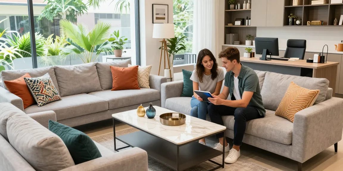 Erleben Sie stilvolles Möbel Kaufen in einem eleganten Ausstellungsraum, der mit gemütlichen Sofas und schicken Designs gefüllt ist.