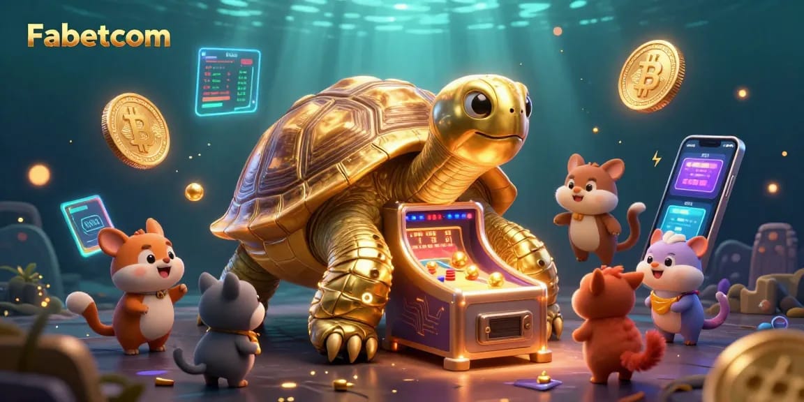 Engage in thrilling crypto gaming with Fabetcom's vibrant 3D illustration featuring a golden tortoise pinball.