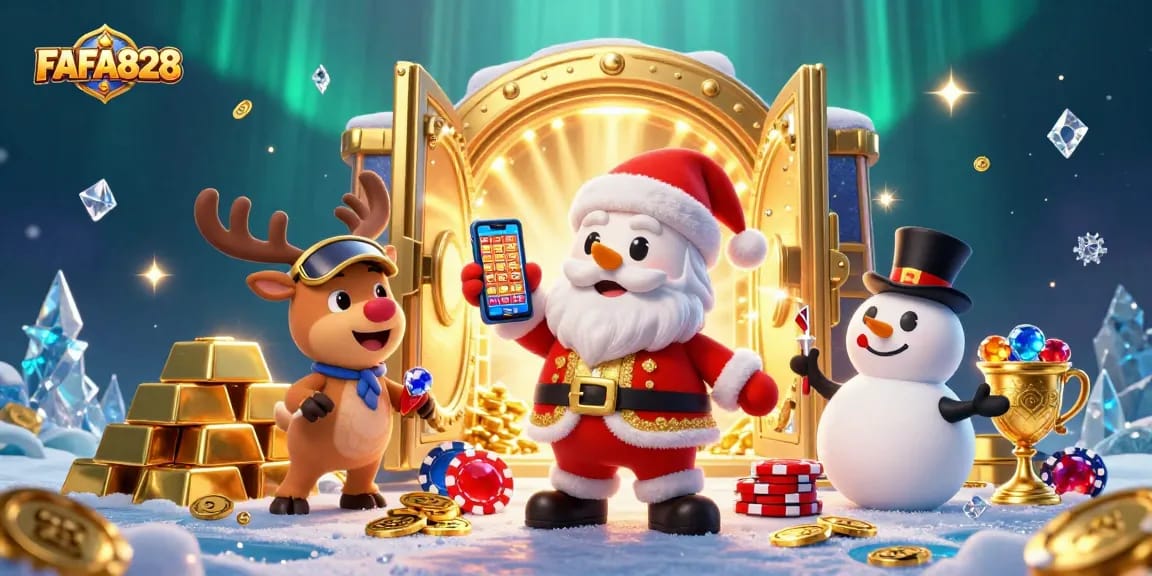 FAFA828 showcases a festive casino scene featuring Santa, a reindeer dealer, and a poker-chip snowman amid jackpot winning excitement.