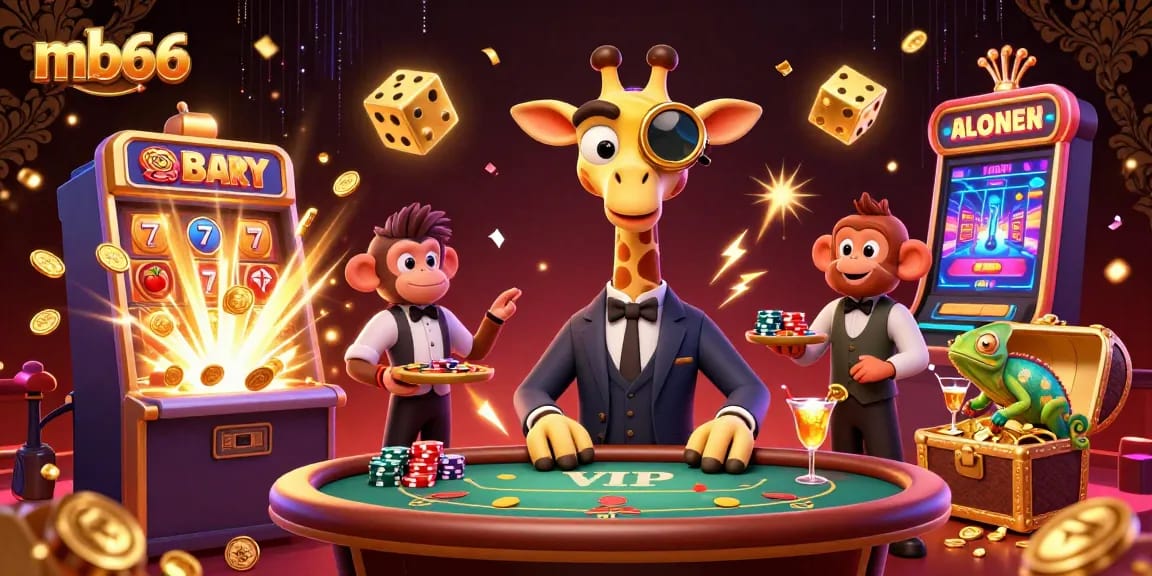 Experience thrilling gameplay at mb66 with a high-roller giraffe at a poker table amidst jackpot celebrations.