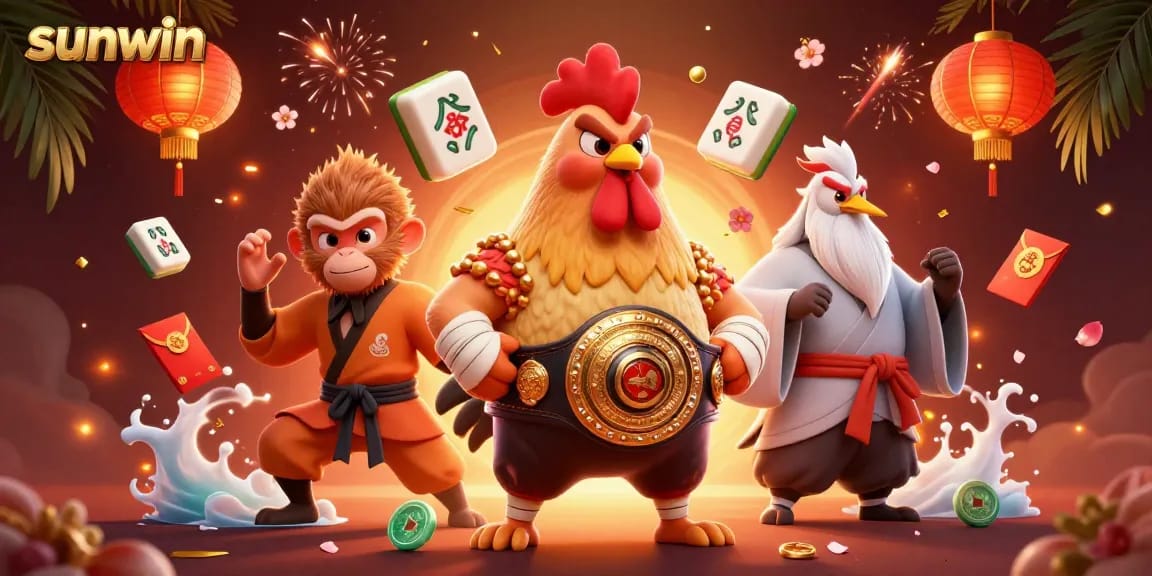 Experience thrilling action at sunwin with famous Muay Thai rooster and martial artists under festive lights.