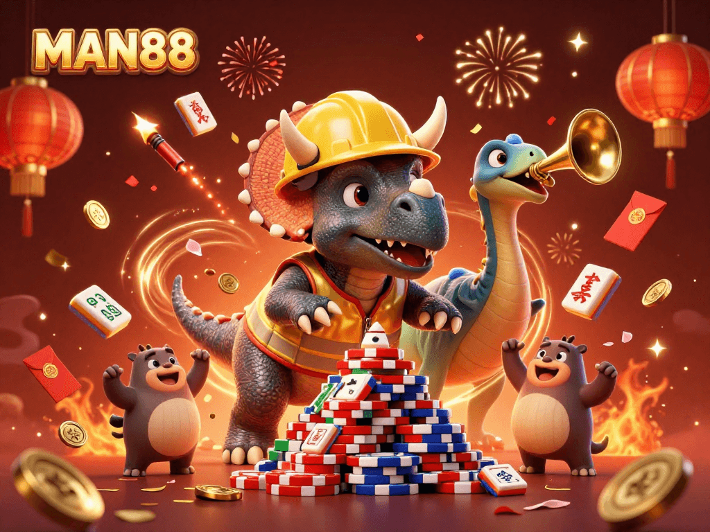 MAN88 engages gamblers with a vibrant 3D casino illustration featuring a triceratops and exciting game elements.