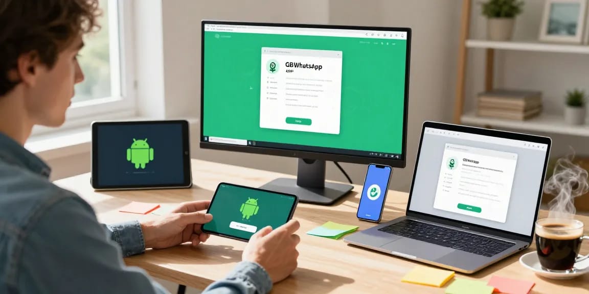 Individual downloading GB WhatsApp APK in a modern tech workspace filled with gadgets and a vibrant atmosphere.