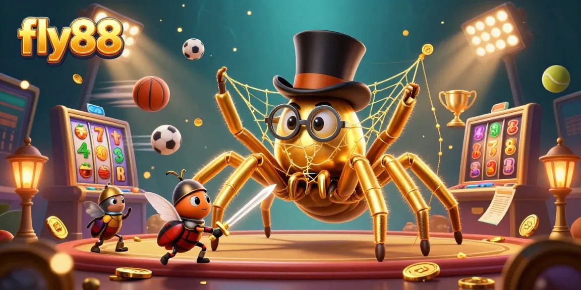 Engage with fly88 in a vibrant 3D casino scene featuring a golden tarantula and gaming elements.