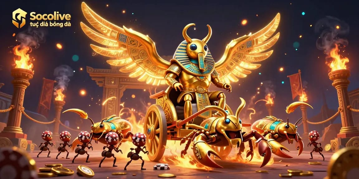 Socolive trực tiếp bóng đá captures action with a golden scarab and scorpions in a rich 3D environment.