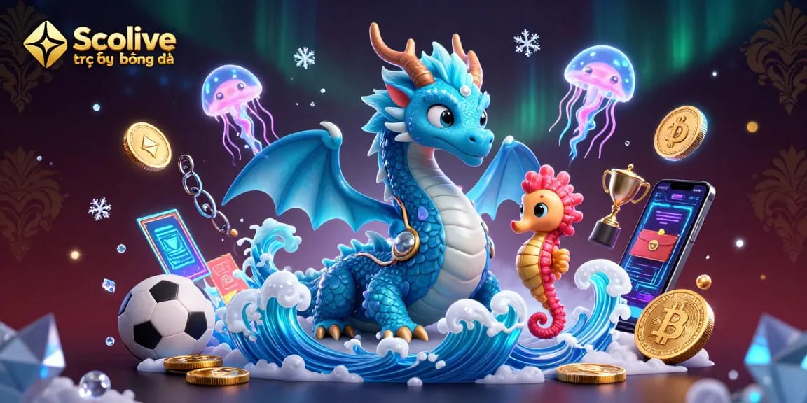 Socolive trực tiếp bóng đá offers an engaging sports betting experience with vibrant visuals of a dragon and seahorse.