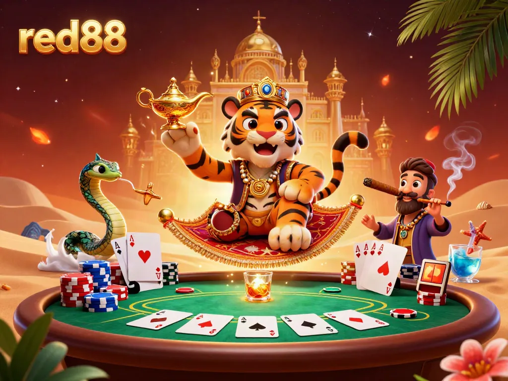 Experience the thrill of red88 with a vibrant 3D casino scene featuring a tiger sultan and dynamic gaming elements.