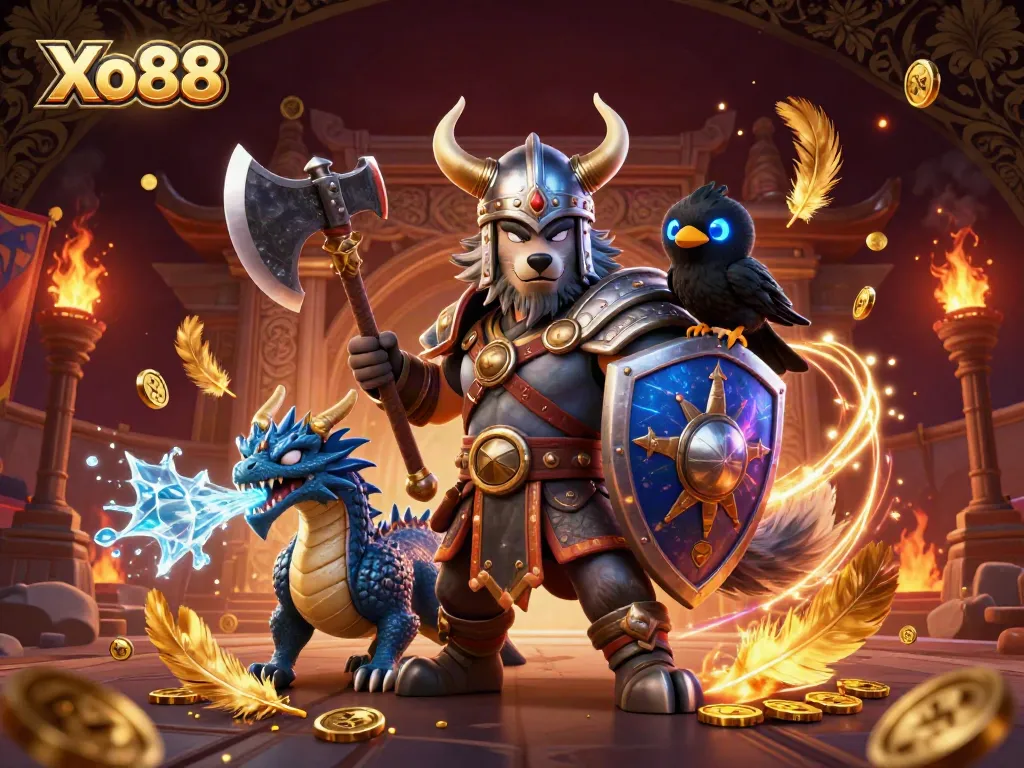 Experience thrilling online gaming with Xo88, showcased by a Viking wolf warrior and mystical dragon in a lively casino setting.