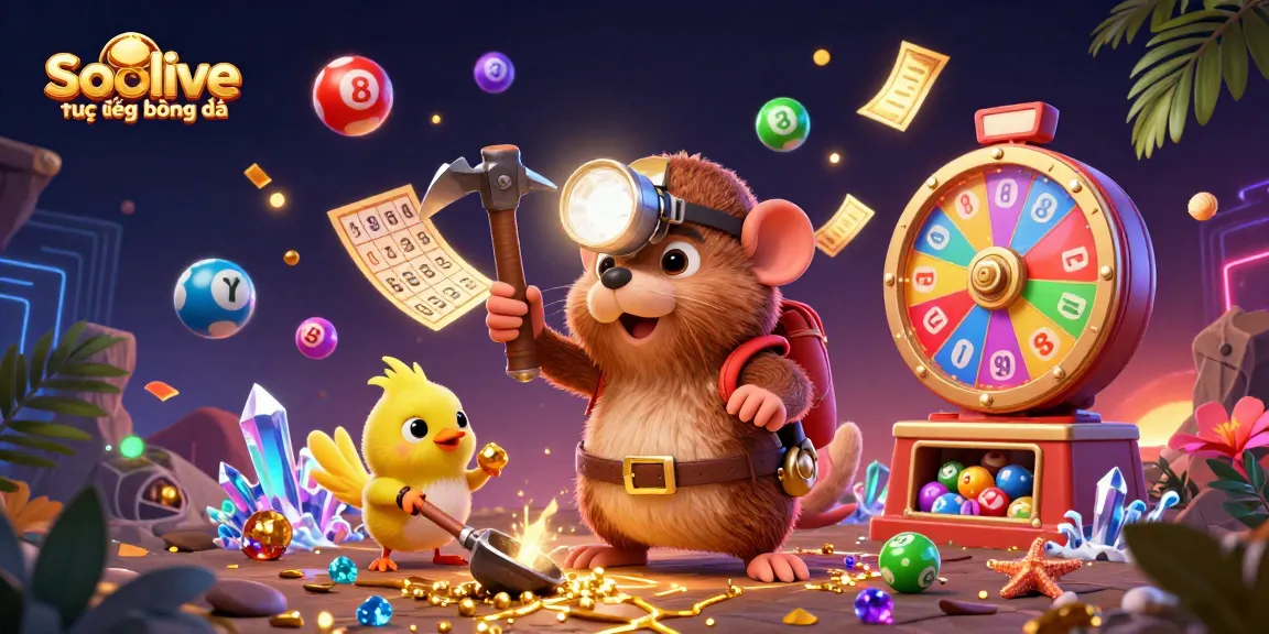 Socolive trực tiếp bóng đá offers an engaging scene with a treasure hunter mole and canary surrounded by colorful lottery elements.