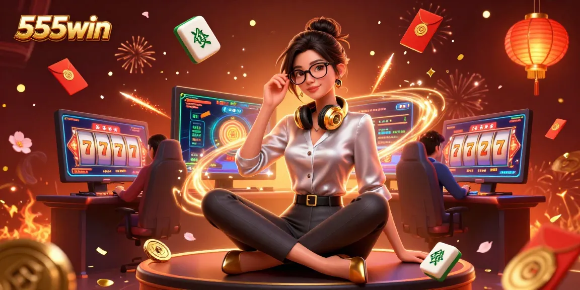 Experience thrilling gaming at 555win with a stunning 3D illustration featuring casino elements.