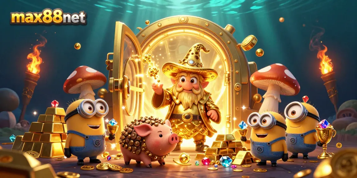 Experience thrilling wins at max88net with a vibrant 3D illustration capturing the magic of treasure and fun.