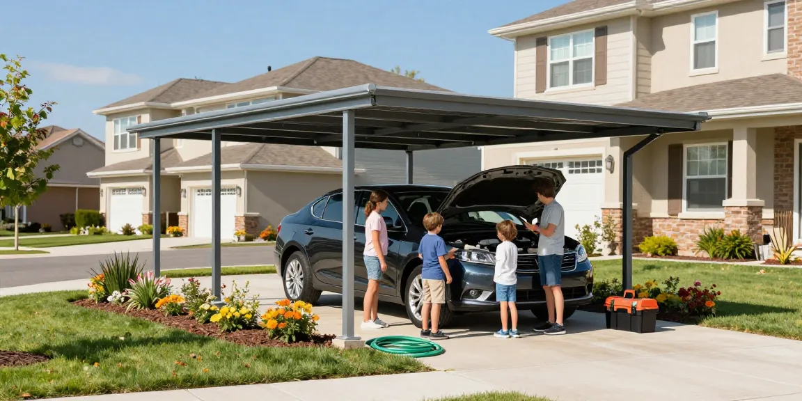 Moderne Carport-Struktur schützt Fahrzeug in einem gepflegten Garten.