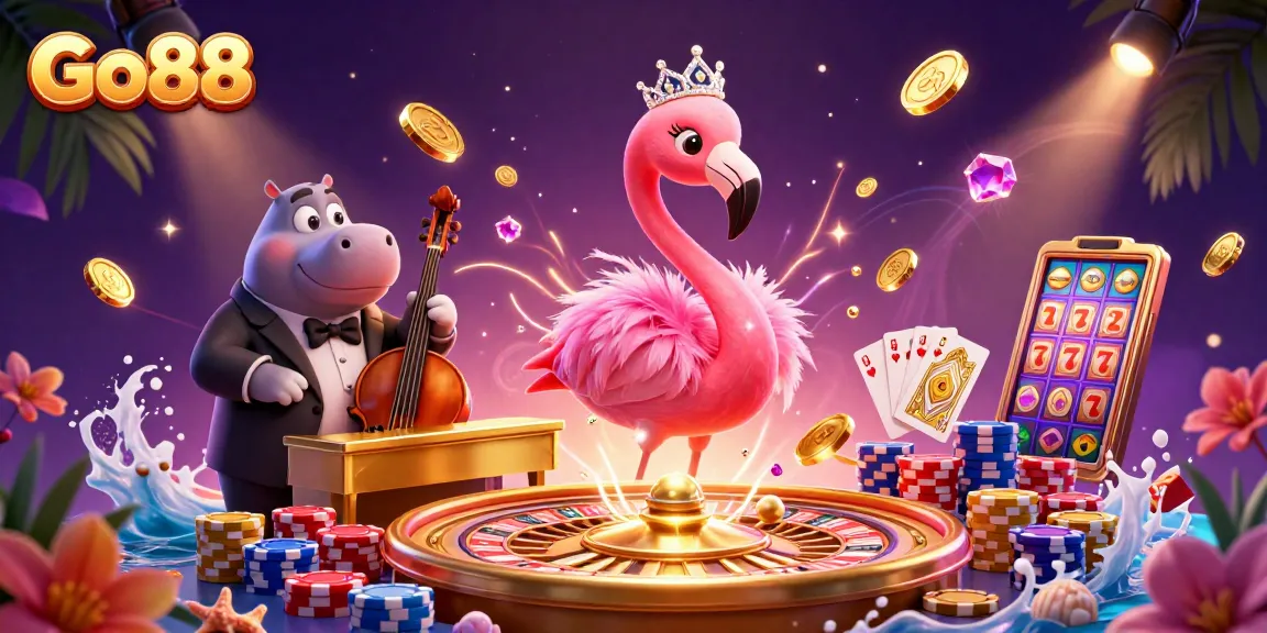 Go88 invites players to spin and win with vibrant casino games amidst golden coins and joyful musicians.
