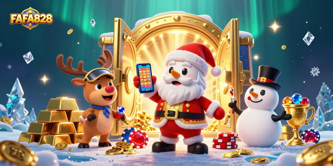 FAFA828 showcases a festive casino scene featuring Santa, a reindeer dealer, and a poker-chip snowman amid jackpot winning excitement.