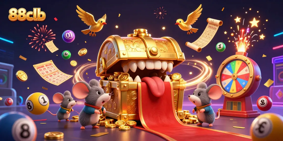 Experience the thrill of winning with 88clb's vibrant and exciting 3D digital illustration of a treasure chest, lottery elements, and festive atmosphere.