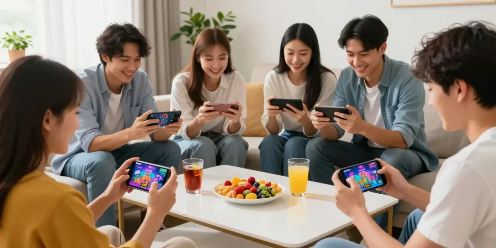 Mobile-Casino-Übersicht für Österreich: Freunde genießen aufregende mobile Casinospiele in gemütlichem Wohnzimmer.