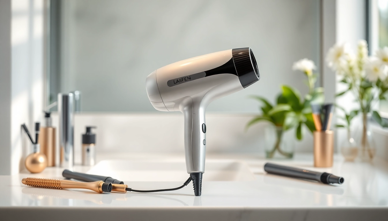 Laifen Swift Haartrockner auf einem eleganten Badezimmerregal, umgeben von Styling-Werkzeugen.