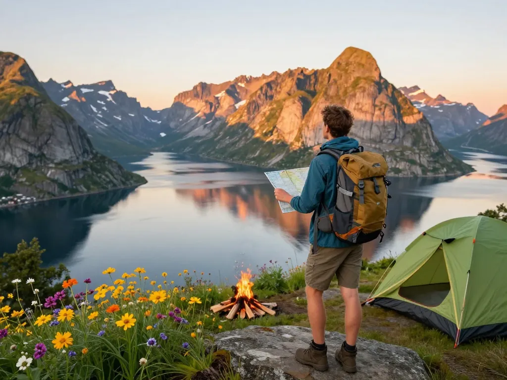 Wunderschöne Fjordlandschaft in Skandinavien mit einem Reisenden, der Urlaub in Skandinavien genießt.