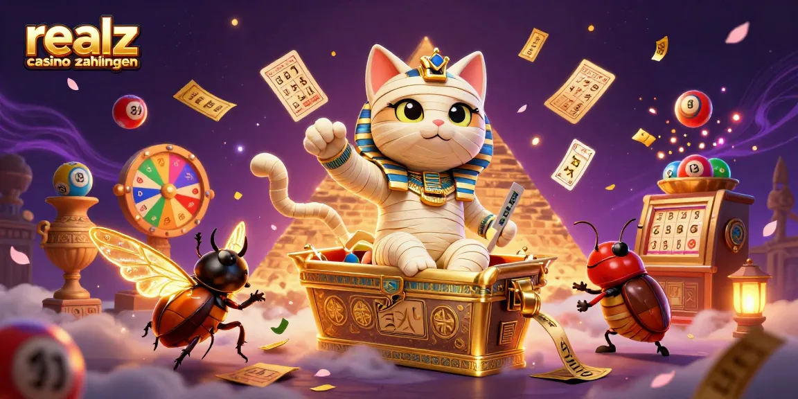 Realz Casino Zahlungen: Eine ägyptische Mumie und Käfer im Casino, umgeben von Spielkarten und Glücksballen.