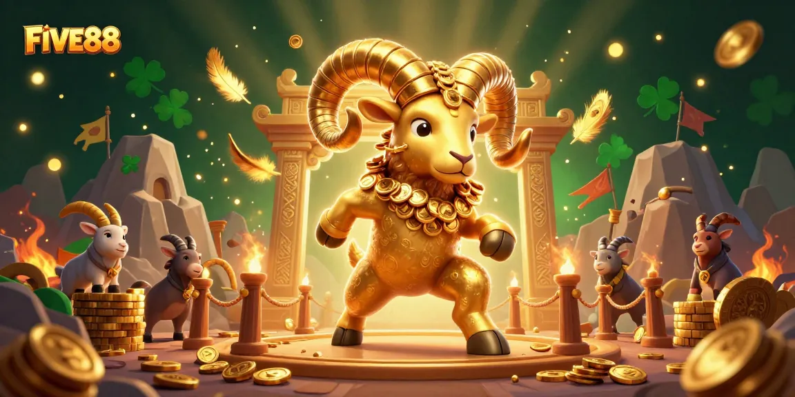 Engage in thrilling gameplay with FIVE88 featuring a golden ram charging through a vibrant gambling scene