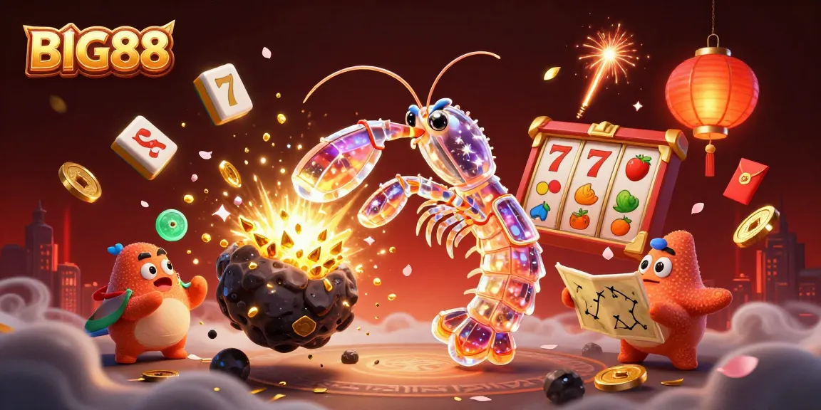 BIG88 players engage in dynamic slot action amidst a vibrant scene of treasures and festive elements.