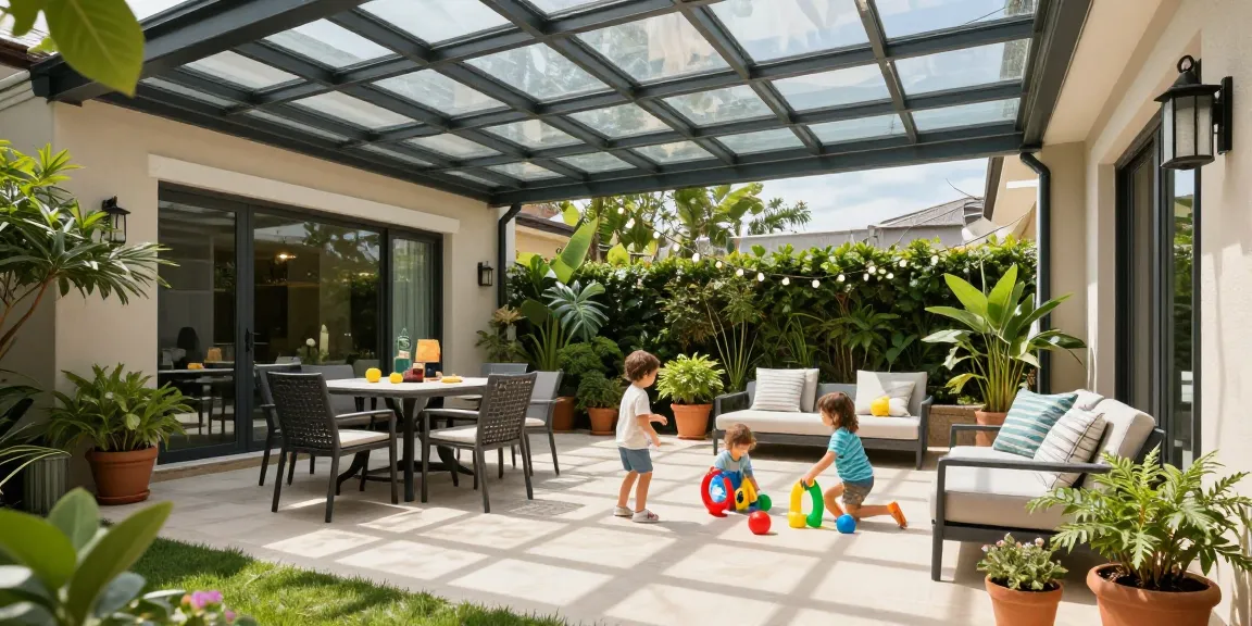 Freistehende Terrassenüberdachung mit gemütlicher Familienatmosphäre im Garten.