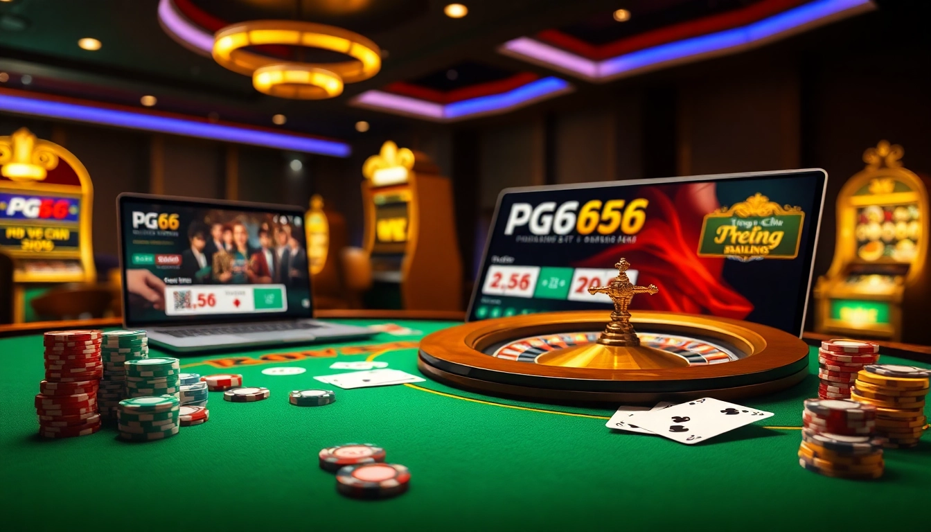 Engaging scene of Trang Chủ PG66 with casino elements, inviting users to explore online betting.
