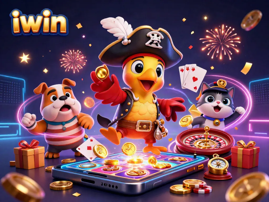iwin gaming celebration with pirate characters, vibrant casino elements in 3D illustration