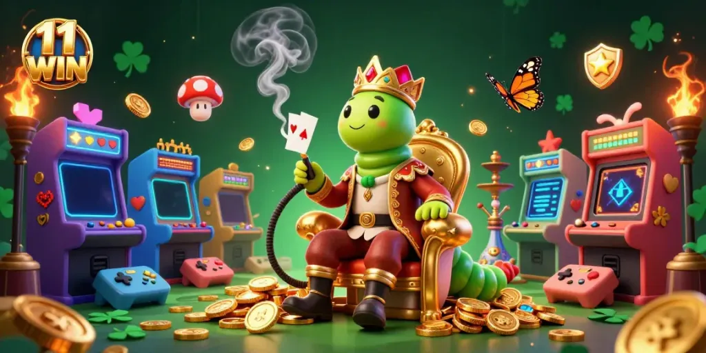 Experience the excitement of 11 WIN with a vibrant casino-themed illustration showcasing key gaming elements.