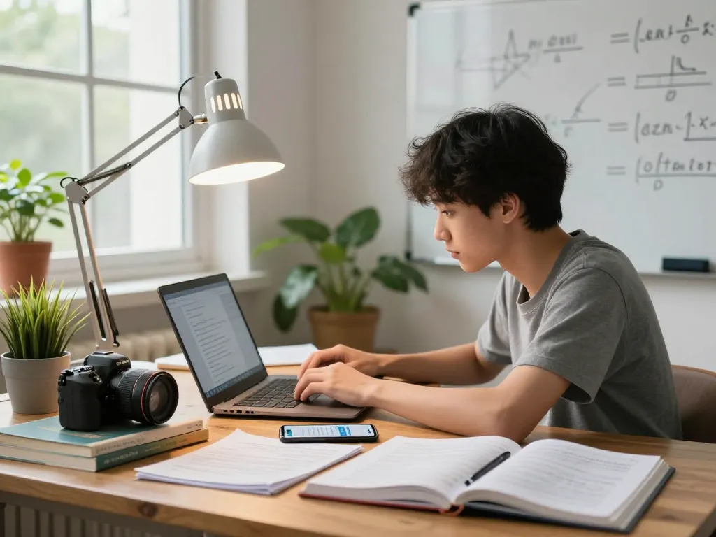 Student, der Technologie nutzt, um in einer hellen Lernumgebung mit Büchern und Notizen Hausaufgaben zu lösen.