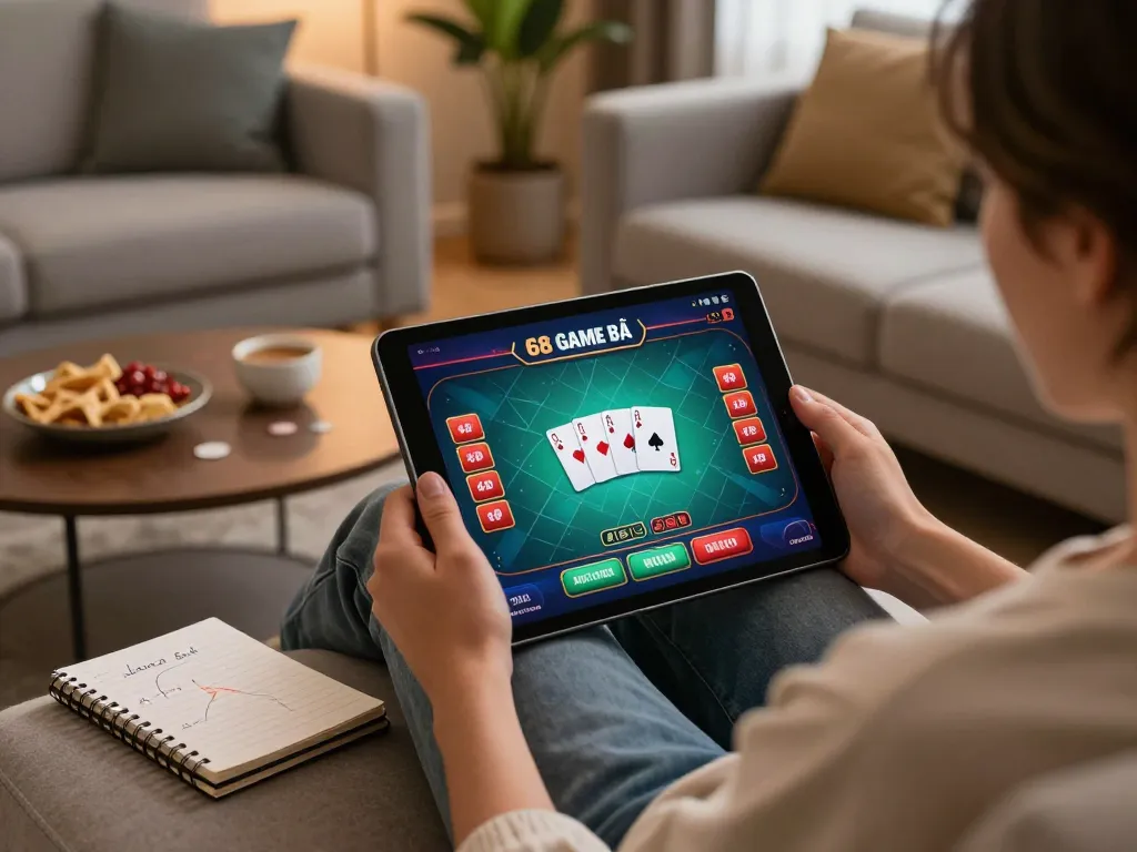 Player enjoying 68 Game Bài on tablet, showcasing strategic online gambling setup.