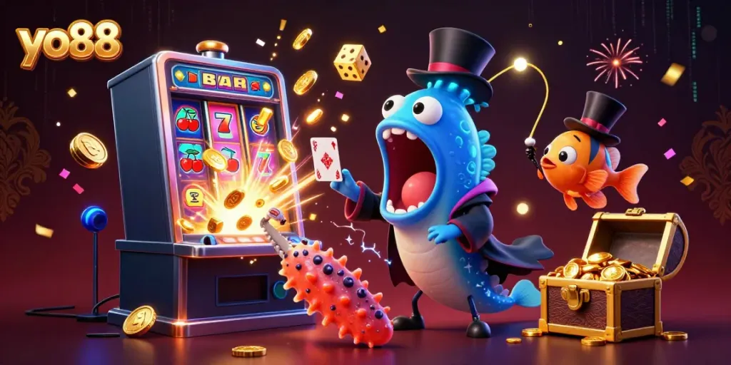 Experience the magic of yo88 with a lively 3D casino scene featuring engaging characters and jackpot excitement.