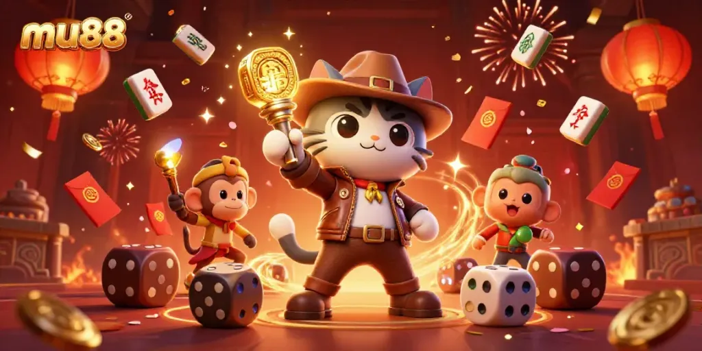 Unleash your luck at mu88 with a cartoon explorer and monkey in a vibrant casino-themed adventure.
