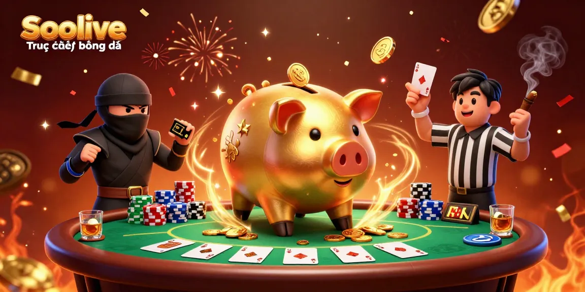 Socolive trực tiếp bóng đá champions with an energetic illustration of a piggy bank sumo wrestler, wallet-ninja, and referee.