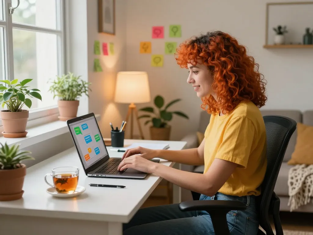 Interactive home office scene showing a woman engaging in sex AI chat, typing on a laptop with vibrant ambiance.