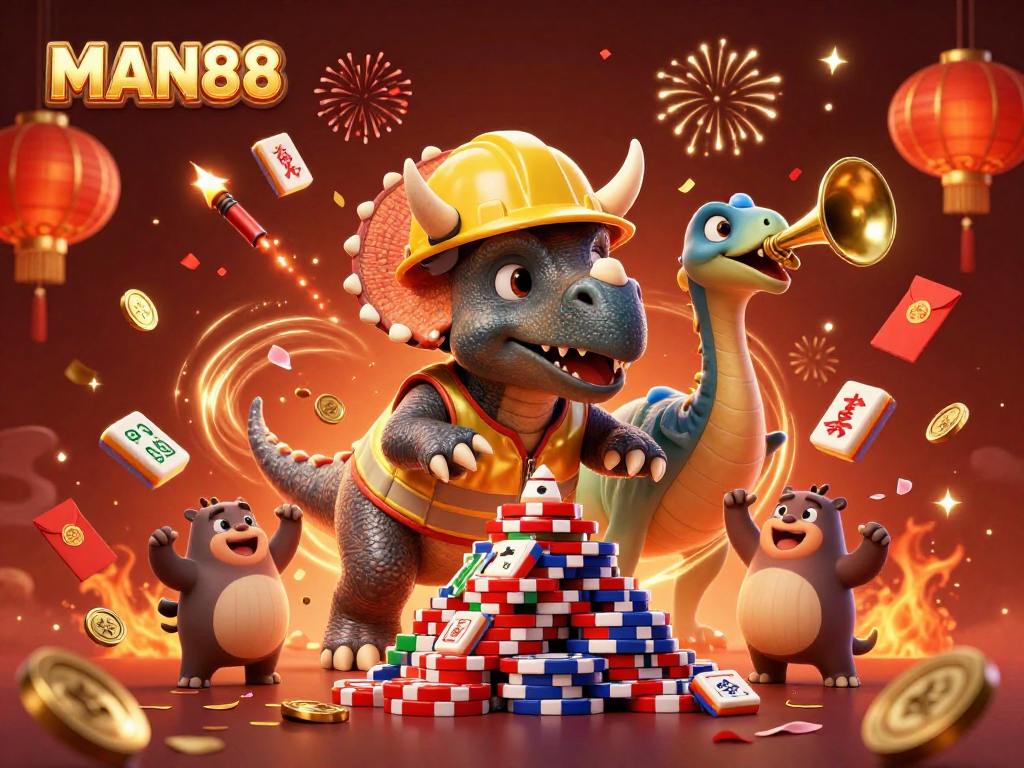 MAN88 engages gamblers with a vibrant 3D casino illustration featuring a triceratops and exciting game elements.