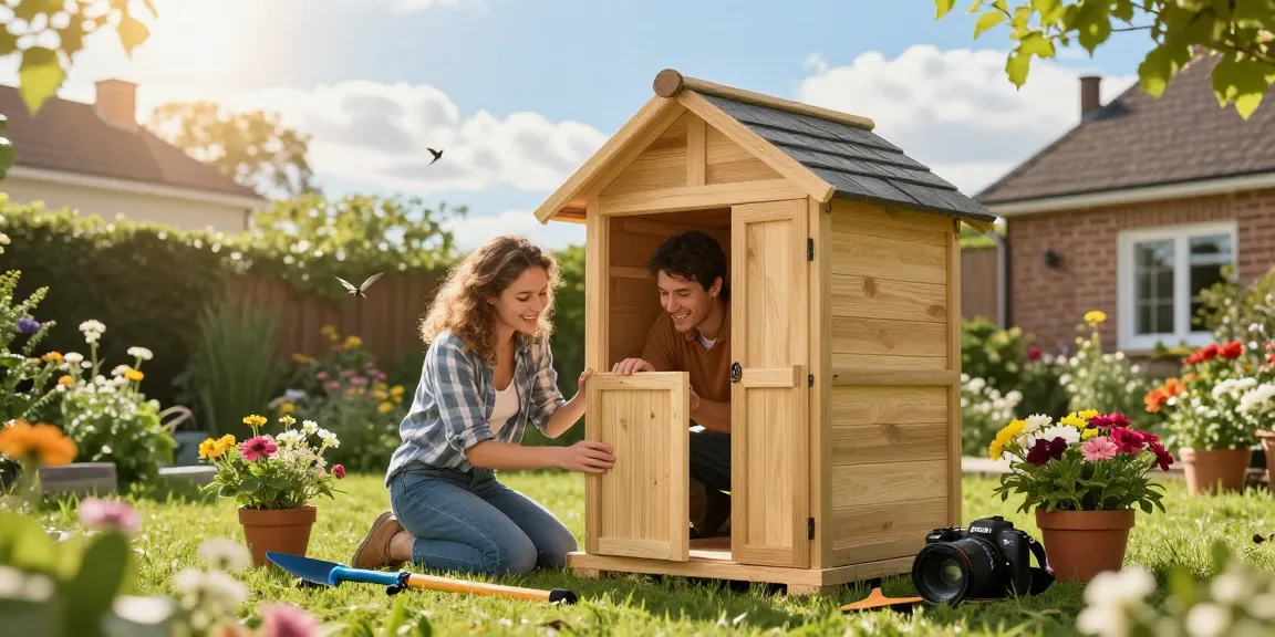 Harmonisches Gartenhaus-Projekt im Freien mit glücklichem Paar und Gartenwerkzeugen.