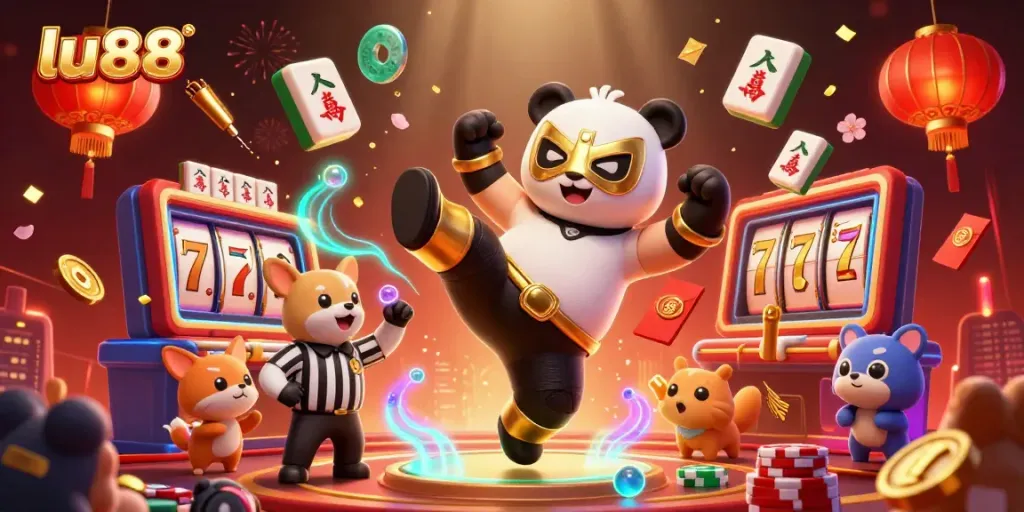 Experience thrilling action at LU88 with a dynamic casino-themed illustration featuring a panda wrestler and crowd excitement.